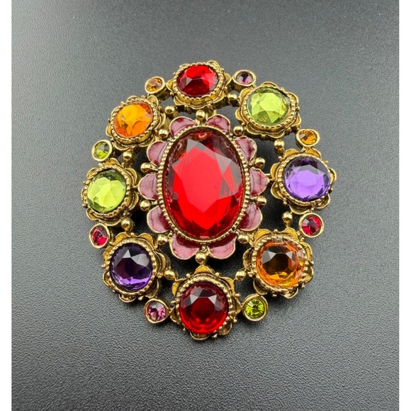 Premier Designs Jewelry - Premier Designs Treasure Brooch Pendant Multi Color Rhinestone Gold Tone Ornate